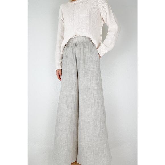 a.ren Pants - a. ren Crinkle Cotton Pull-On Wide Leg Pants Size S Elastic Waist in Light Gray